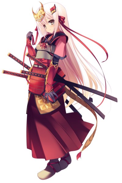Anime picture 1400x2100 with sengoku hime takeda shingen dragonmaterial single long hair tall image simple background blonde hair white background brown eyes traditional clothes girl ribbon (ribbons) weapon hair ribbon sword armor katana mask