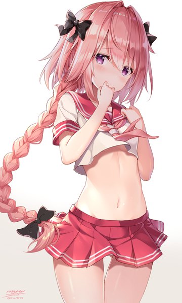 Anime picture 610x1016 with fate (series) fate/apocrypha astolfo (fate) rin yuu single long hair tall image looking at viewer blush fringe light erotic simple background hair between eyes white background purple eyes signed braid (braids) pleated skirt bare belly twitter username