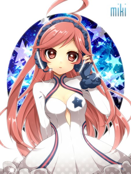 Anime picture 1020x1354 with vocaloid miki (vocaloid) sakura yuki (clochette) single long hair tall image looking at viewer open mouth red eyes ahoge red hair girl dress gloves white dress headphones star (symbol)