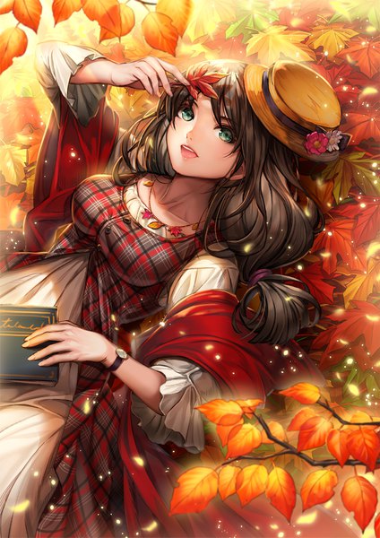 Anime picture 700x990 with original ells (ellsat) single long hair tall image looking at viewer breasts open mouth smile brown hair large breasts holding green eyes lying arm up dutch angle low ponytail plaid autumn girl