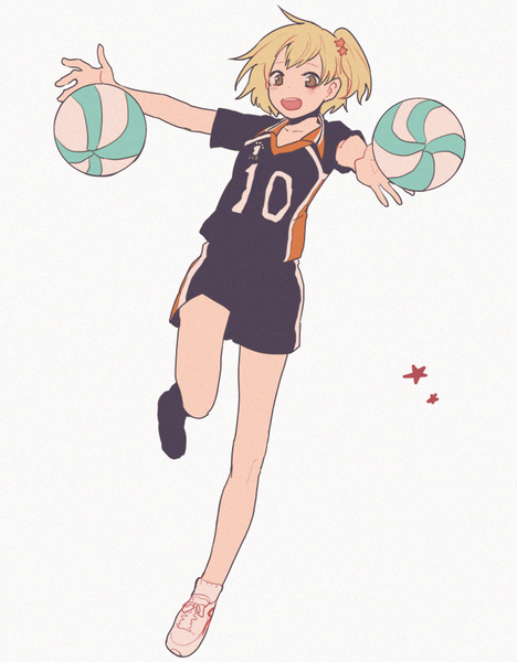 Anime picture 700x897 with haikyuu!! production i.g hitoka yachi xi yuu single tall image short hair open mouth simple background blonde hair white background brown eyes full body bent knee (knees) one side up spread arms girl uniform hair ornament star (symbol)
