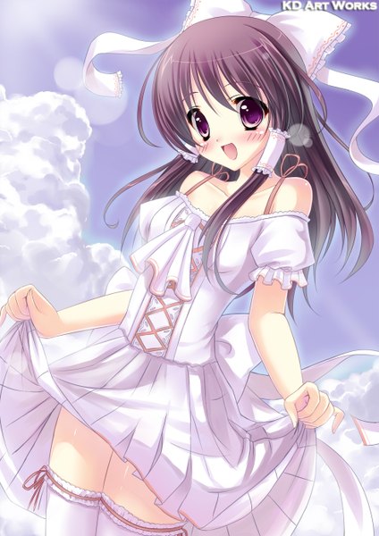 Anime picture 980x1386 with touhou hakurei reimu caidychen single long hair tall image looking at viewer blush open mouth smile brown hair purple eyes twintails bare shoulders sky cloud (clouds) sunlight alternate color girl thighhighs