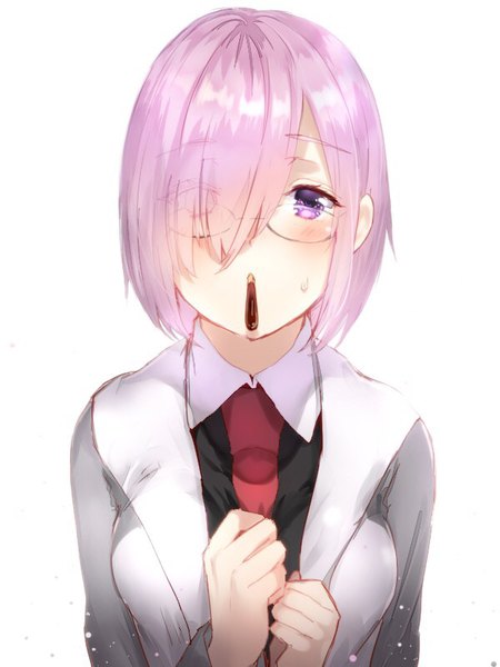 Anime picture 600x800 with fate (series) fate/grand order mash kyrielight kirushi (killcy) single tall image looking at viewer blush fringe short hair simple background white background purple eyes pink hair upper body hair over one eye sweat sweatdrop food in mouth pocky day