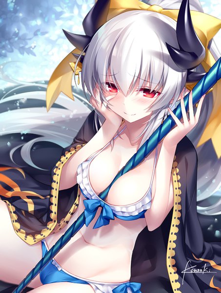 Anime picture 604x800 with fate (series) fate/grand order kiyohime (fate) kiyohime (swimsuit lancer) (fate) kousaki rui single long hair tall image blush fringe breasts light erotic smile red eyes signed looking away silver hair ponytail nail polish horn (horns)