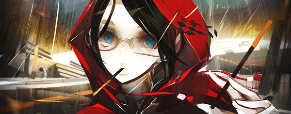 Anime picture 1600x628 with original panamaman single looking at viewer short hair blue eyes black hair wide image rain girl glasses food sweets hood pocky