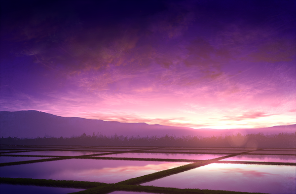 Anime picture 1368x900 with original mks sky cloud (clouds) evening sunset no people landscape scenic twilight water rice paddy