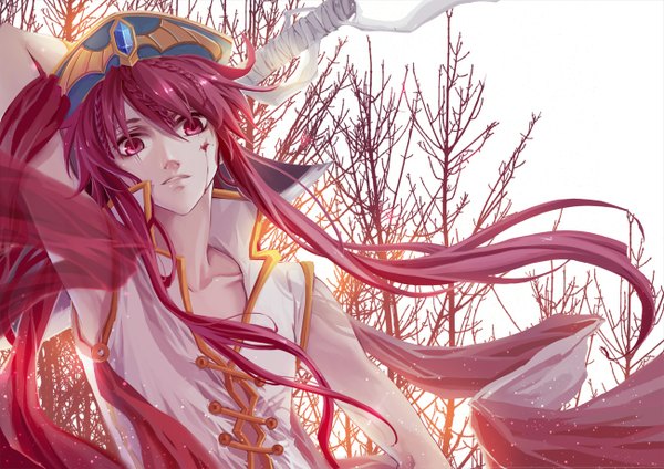 Anime picture 1300x920 with magi the labyrinth of magic a-1 pictures ren kouha qinshou single long hair fringe holding red hair braid (braids) lips glowing glowing eye (eyes) glow bare tree boy weapon plant (plants) hat sword