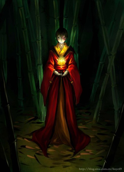 Anime picture 1500x2070 with avatar: the last airbender nickelodeon zuko yoku (liuyc) single tall image looking at viewer short hair brown hair brown eyes traditional clothes dark background boy flower (flowers) plant (plants) bamboo