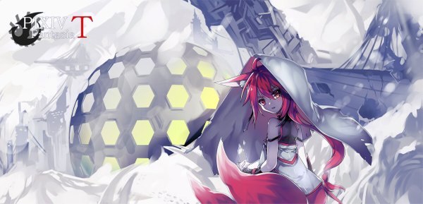 Anime picture 1200x579 with original pixiv fantasia pixiv fantasia t single long hair red eyes wide image standing bare shoulders animal ears yellow eyes red hair tail animal tail looking back from behind fox ears heterochromia fox tail fox girl