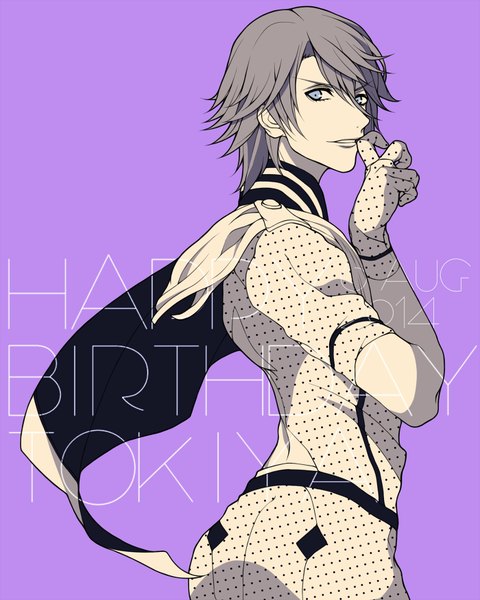 Anime picture 700x875 with uta no prince-sama a-1 pictures ichinose tokiya myua single tall image looking at viewer short hair simple background parted lips looking back character names finger to mouth monochrome polka dot happy birthday purple background boy gloves