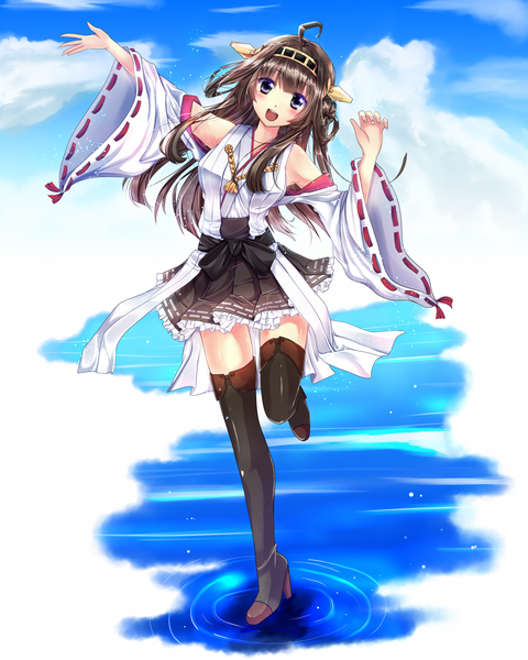 Anime picture 1280x1600 with kantai collection kongou battleship fule single long hair tall image looking at viewer blush open mouth brown hair purple eyes sky cloud (clouds) ahoge traditional clothes japanese clothes zettai ryouiki nontraditional miko girl skirt