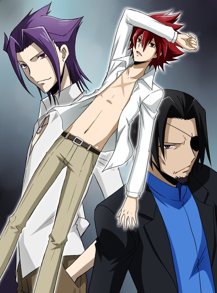 Anime picture 1181x1594 with star driver tsunashi takuto miyabi reiji katashiro ryousuke tall image black hair simple background red eyes purple hair red hair grey background open clothes open shirt scar boy navel shirt pants eyepatch