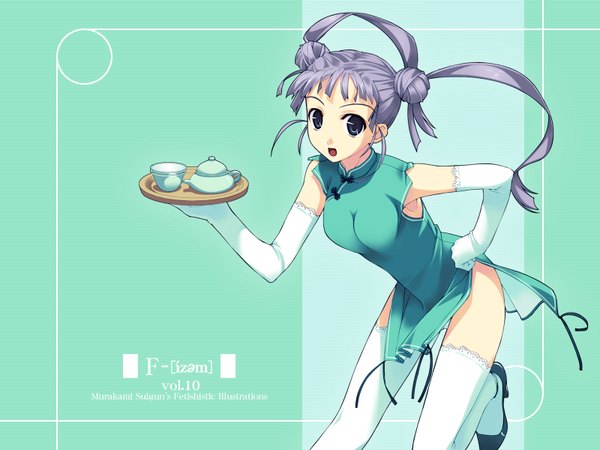 Anime picture 1600x1200 with f-ism murakami suigun single long hair light erotic twintails purple hair hair bun (hair buns) wallpaper hand on hip chinese clothes green background waitress girl thighhighs gloves white thighhighs elbow gloves white gloves chinese dress