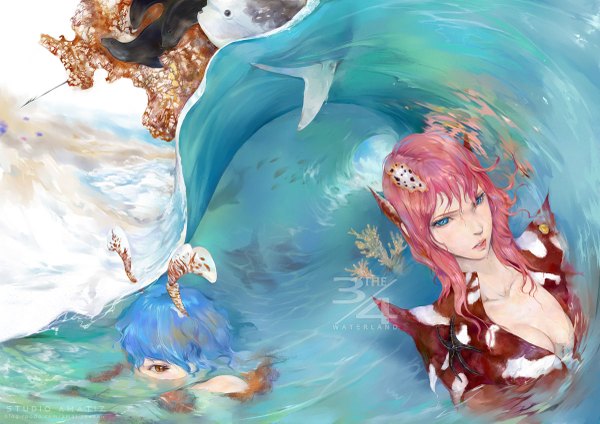 Anime picture 1200x849 with original amatiz short hair blue eyes multiple girls brown eyes blue hair pink hair horn (horns) girl 2 girls water fish (fishes) wave (waves) seal