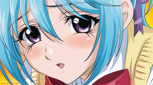 Anime picture 1024x575 with rosario+vampire kurono kurumu single looking at viewer blush fringe short hair hair between eyes wide image purple eyes payot blue hair parted lips close-up demon girl face yellow background sad girl