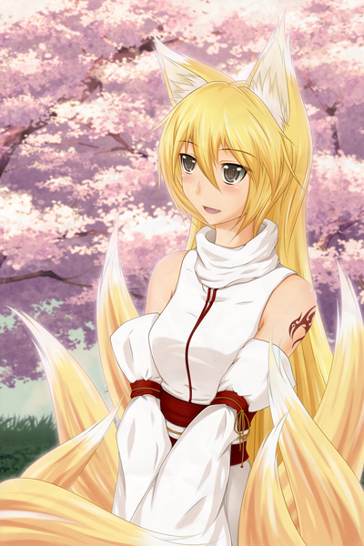 Anime picture 1300x1950 with midnight (artist) single long hair tall image blush open mouth blonde hair black eyes teeth fang (fangs) tattoo fox ears cherry blossoms fox tail fox girl girl detached sleeves