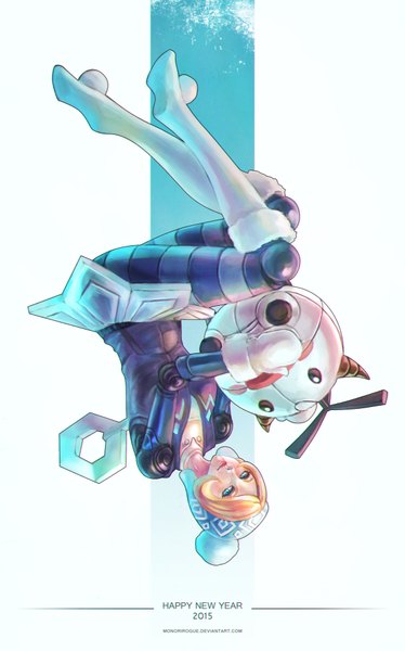 Anime picture 2474x3967 with league of legends orianna (league of legends) monori rogue single tall image looking at viewer highres short hair blue eyes blonde hair brown eyes christmas merry christmas mechanical girl