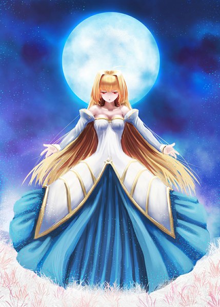 Anime picture 833x1165 with shingetsutan tsukihime type-moon arcueid brunestud tsukikanade single long hair tall image blonde hair red eyes night girl dress detached sleeves moon