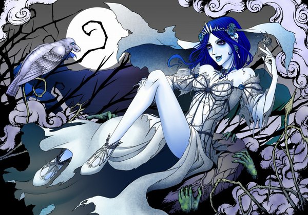 Anime picture 1000x700 with corpse bride passionatesnuff single long hair sitting purple eyes blue hair hair flower night sky torn clothes pale skin reclining fog girl dress hair ornament flower (flowers) plant (plants) earrings choker
