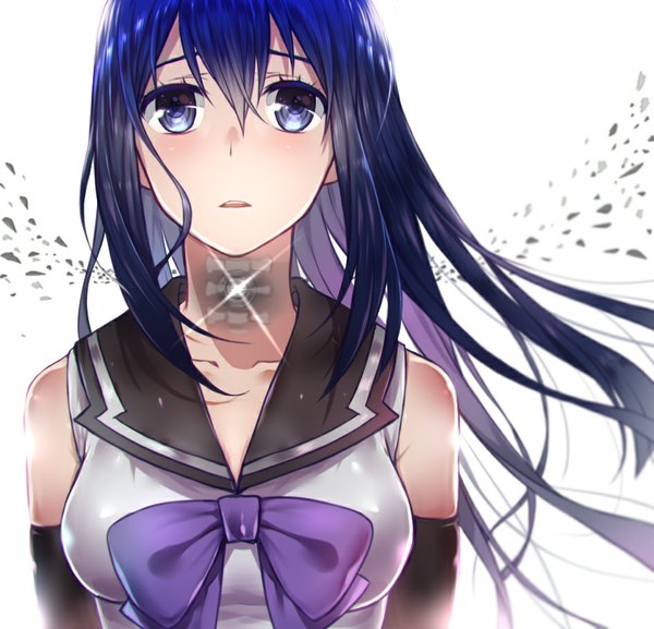 Anime picture 944x909 with gokukoku no brynhildr arms corporation kuroha neko s a~ single long hair looking at viewer blush fringe breasts blue eyes simple background large breasts white background bare shoulders blue hair cleavage parted lips embarrassed sailor collar