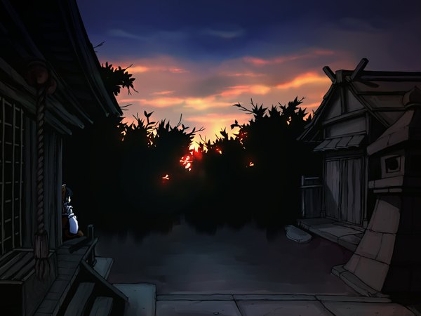 Anime picture 1024x768 with touhou hakurei reimu sky wallpaper evening sunset girl shrine kazuha (ichiwa) kazuhane