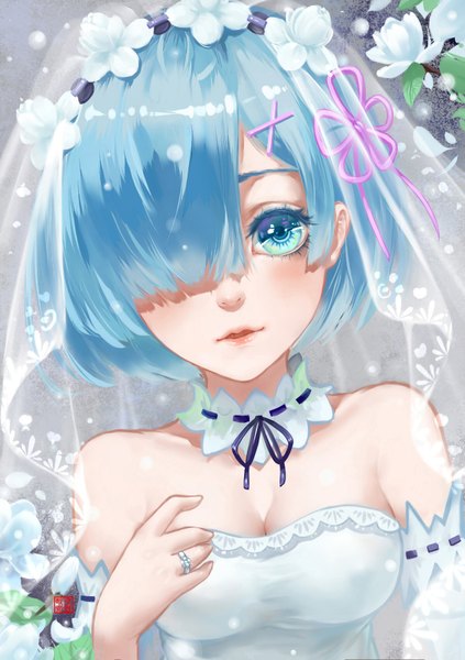 Anime picture 1200x1700 with re:zero kara hajimeru isekai seikatsu white fox rem (re:zero) salted- fish single tall image looking at viewer blush fringe short hair breasts bare shoulders blue hair upper body blunt bangs aqua eyes hair over one eye inscription lipstick hand on chest