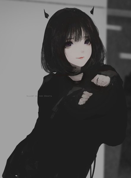 Anime picture 1920x2601 with original aoi ogata single tall image looking at viewer highres short hair black hair purple eyes signed horn (horns) sleeves past wrists monochrome girl