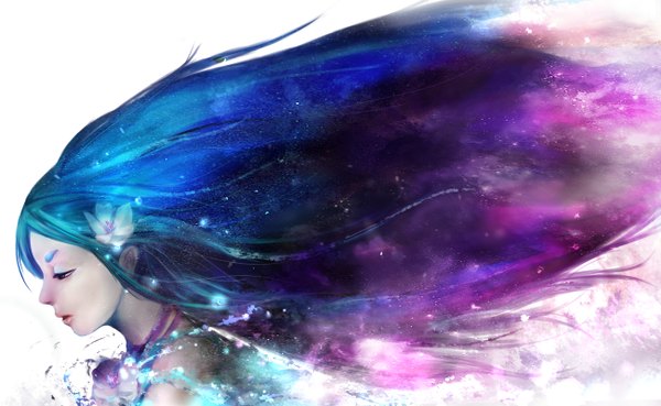 Anime picture 2600x1600 with original zhang xiao bo single long hair highres open mouth simple background wide image white background bare shoulders blue hair purple hair profile multicolored hair hair flower black eyes realistic looking down girl hair ornament