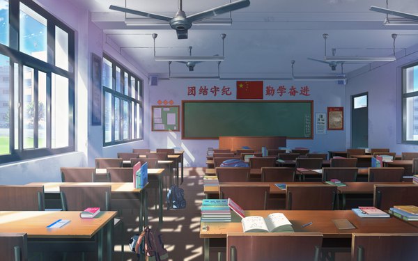 Anime picture 3000x1875 with original xingyue ling highres sunlight shadow no people sunbeam classroom window book (books) chair ball backpack lamp desk flag pen door blackboard speakers