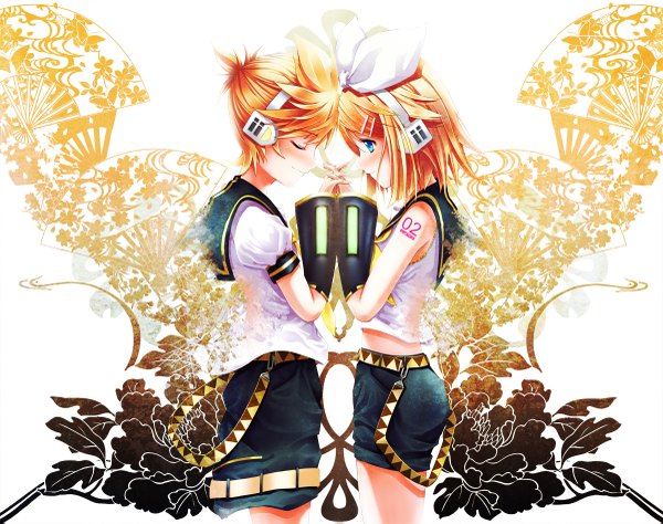 Anime picture 1200x949 with vocaloid kagamine rin kagamine len dopollsogno blush short hair blue eyes blonde hair standing profile siblings twins interlocked fingers brother and sister girl boy shorts hairband headphones