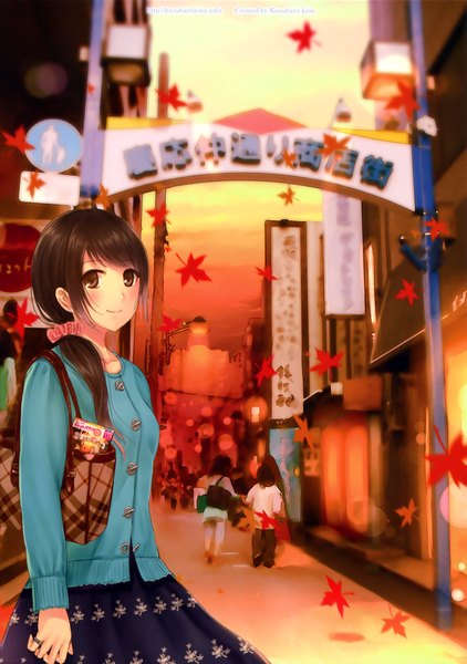 Anime picture 2554x3634 with original kazuharu kina long hair tall image blush highres black hair brown eyes light smile scan girl skirt leaf (leaves) sweater bag