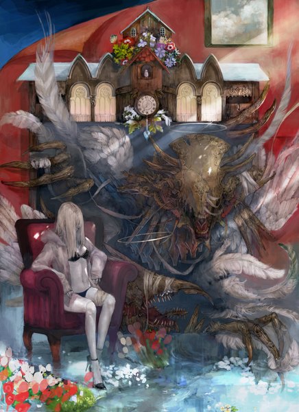 Anime picture 1381x1900 with original kera (pixiv) long hair tall image fringe open mouth light erotic sitting hair over one eye teeth high heels sharp teeth girl navel underwear flower (flowers) animal bird (birds) hood feather (feathers)
