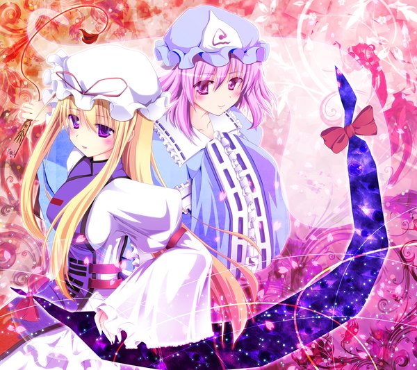 Anime picture 1799x1600 with touhou yakumo yukari saigyouji yuyuko fule long hair blush highres short hair blonde hair multiple girls pink hair pink eyes girl bow 2 girls