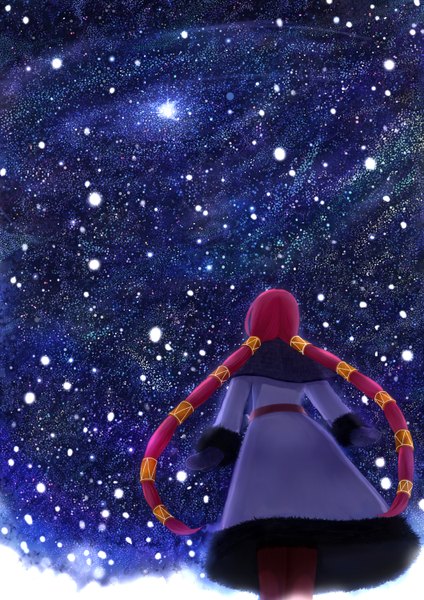 Anime picture 1060x1500 with original bounin single long hair tall image twintails red hair from behind night night sky girl gloves star (stars) winter clothes