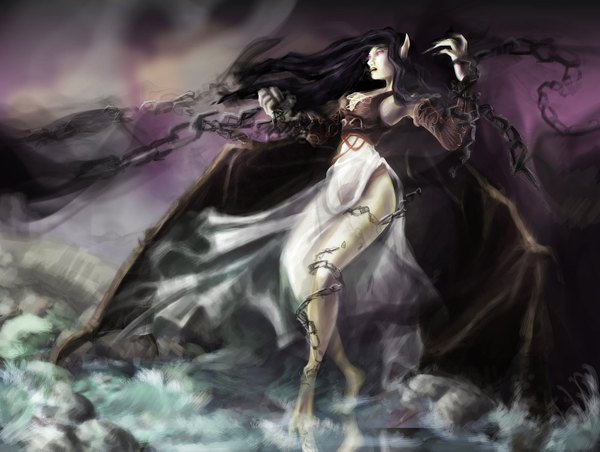 Anime picture 1600x1207 with league of legends morgana (league of legends) nfouque single long hair open mouth black hair purple eyes barefoot pointy ears legs pale skin black wings fog girl wings water chain fist