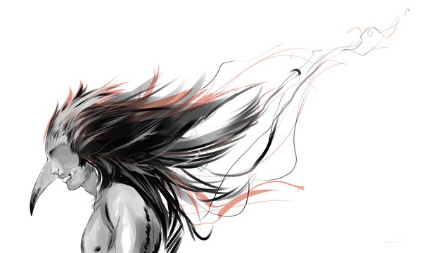 Anime picture 3000x1800 with tagme (artist) long hair highres wide image white background monochrome boy mask