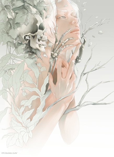 Anime picture 852x1172 with original re (artist) single tall image holding looking away white hair profile fingernails lips inscription grey eyes skeleton shirtless boy plant (plants) skull