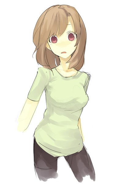 Anime picture 642x1000 with original hama2224 single tall image looking at viewer fringe short hair open mouth simple background brown hair standing white background pink eyes girl t-shirt