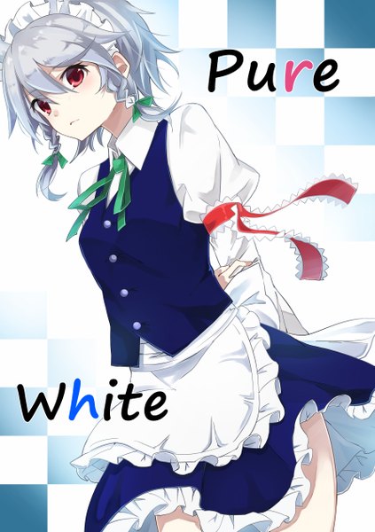Anime picture 1787x2536 with touhou izayoi sakuya taiki (ozone) single tall image looking at viewer blush highres short hair red eyes braid (braids) wind grey hair inscription maid twin braids hands behind back checkered checkered background girl