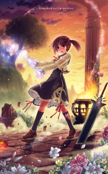 Anime picture 1000x1618 with original kankurou single tall image blush short hair open mouth black hair twintails brown eyes magic short twintails girl dress flower (flowers) ribbon (ribbons) weapon plant (plants) hair ribbon petals