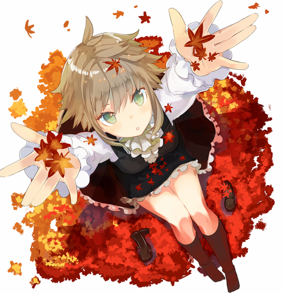 Anime picture 1225x1268 with original mazonano (artist) single tall image looking at viewer fringe short hair hair between eyes sitting green eyes silver hair bent knee (knees) from above arms up :o outstretched arm looking up frilly skirt autumn shoes removed