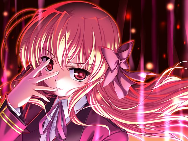 Anime picture 1200x900 with fortune arterial august soft sendou erika single long hair looking at viewer blonde hair red eyes game cg light smile orange hair floating hair girl uniform bow hair bow school uniform