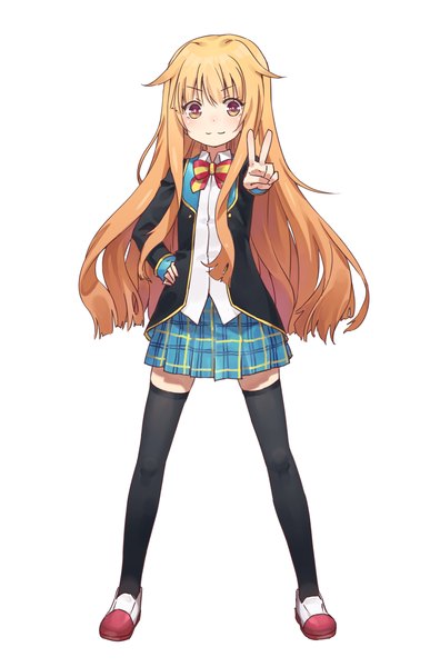 Anime picture 976x1479 with gj-bu doga kobo amatsuka mao benitama single long hair tall image looking at viewer blush simple background blonde hair white background brown eyes hand on hip plaid skirt victory girl thighhighs skirt uniform