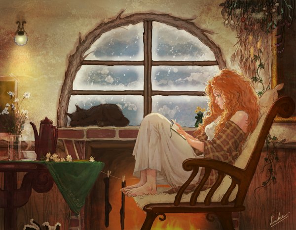 Anime picture 1152x900 with original luke (artist) long hair sitting bare shoulders indoors orange hair snowing winter snow sleeping curly hair reading girl thighhighs dress flower (flowers) black thighhighs plant (plants) animal