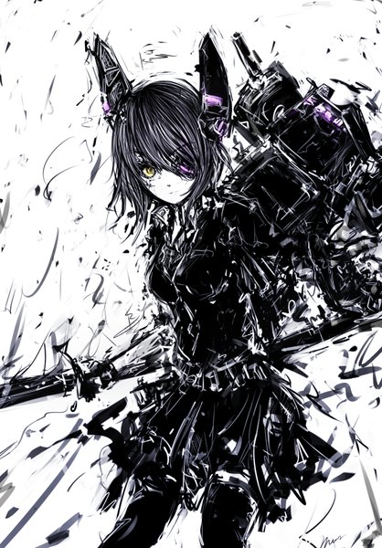 Anime picture 745x1069 with kantai collection tenryuu light cruiser merpperoni single tall image looking at viewer fringe short hair standing holding signed yellow eyes wind monochrome sketch partially colored girl thighhighs skirt hair ornament