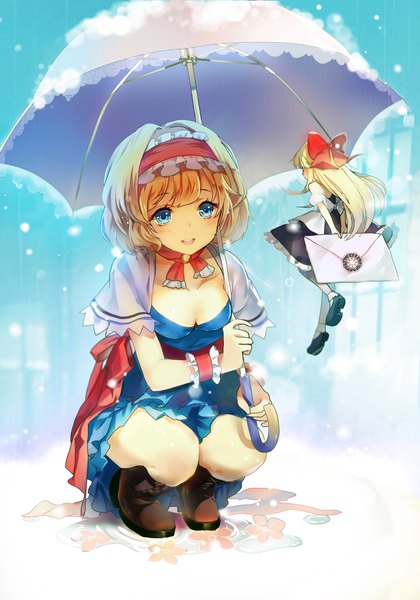 Anime picture 1500x2141 with touhou alice margatroid shanghai yukizakura (neon-neon) long hair tall image blush short hair open mouth blue eyes blonde hair smile full body snowing winter snow squat girl dress bow