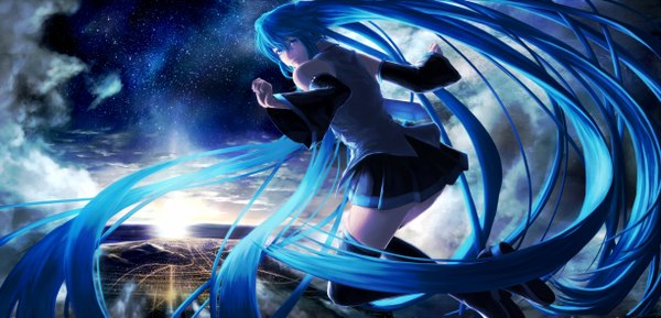Anime picture 2447x1180 with vocaloid hatsune miku nakacha single looking at viewer fringe highres wide image twintails sky cloud (clouds) very long hair aqua eyes light smile realistic aqua hair city evening sunset cityscape