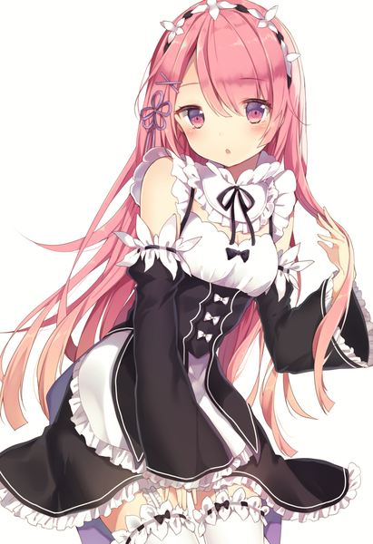 Anime picture 1745x2543 with re:zero kara hajimeru isekai seikatsu white fox ram (re:zero) shiino sera (gelatin) single long hair tall image looking at viewer blush fringe highres simple background white background pink hair blunt bangs parted lips pink eyes arm up wide sleeves :o