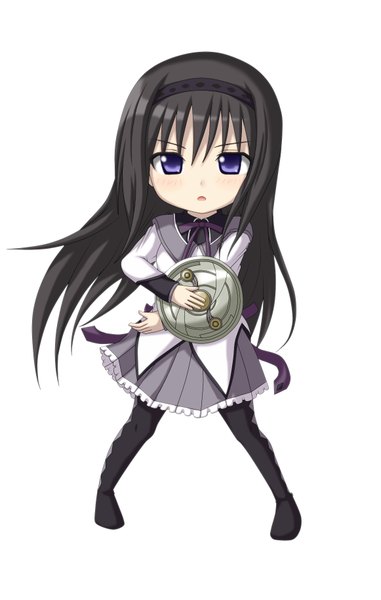 Anime picture 1162x1828 with mahou shoujo madoka magica shaft (studio) akemi homura kuena single long hair tall image black hair simple background white background purple eyes chibi girl hairband shield