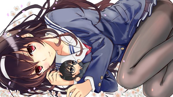 Anime picture 1920x1080 with saenai heroine no sodatekata a-1 pictures kasumigaoka utaha aki tomoya nagata ozu long hair looking at viewer highres black hair red eyes wide image girl uniform school uniform petals pantyhose hairband doll (dolls) character doll